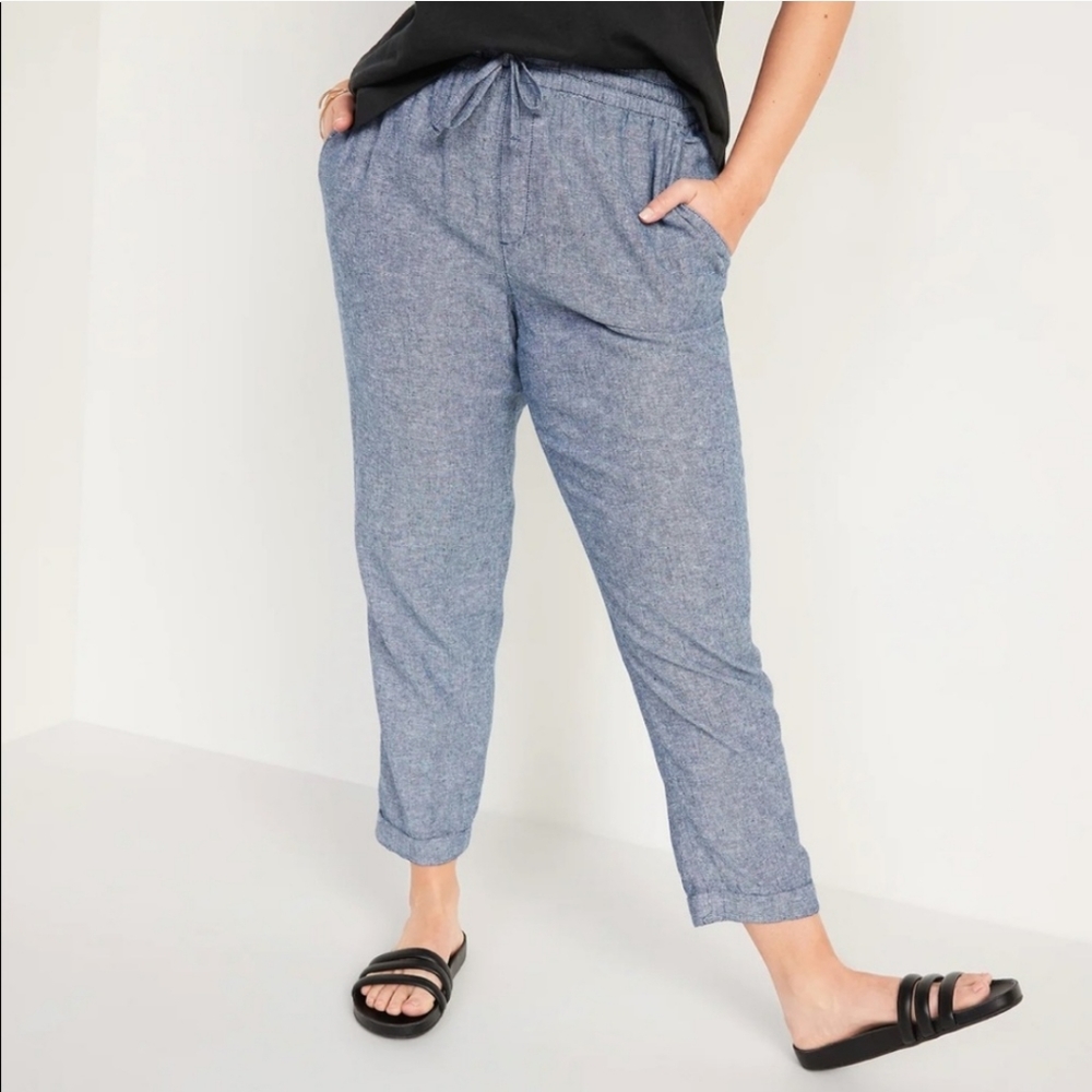 Old Navy Mid Rise Linen Blend Chambray Cropped Pants Tie Front Elastic Waistband